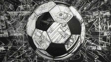 Contemporary black and white abstract art showcasing a soccer ball with intricate line work and patternsの素材