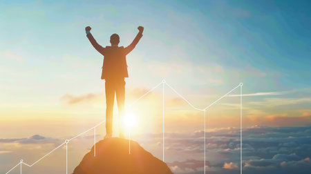 Happy businessman standing on an ascending graph line, hands clenched in victory, representing financial success and achievementの素材