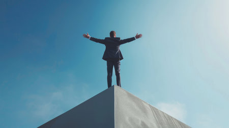 Joyful male executive standing on a steeply climbing graph, arms outstretched, symbolizing corporate growth and personal triumphの素材