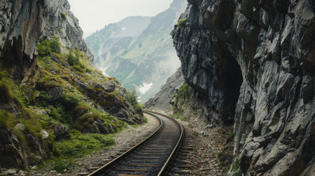 A scenic railway track through a mountain passの素材