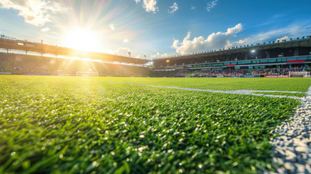 Wide-angle shot of a sun-drenched soccer field, empty yet inviting, set against a backdrop of distant cheering fans in the stands.の素材
