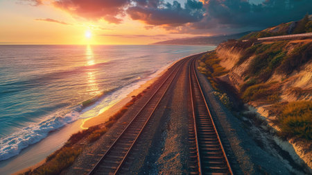A scenic coastal railway line at sunsetの素材