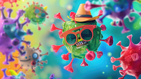 Humorous depiction of viruses wearing silly hats and glasses, floating against a colorful backdropの素材