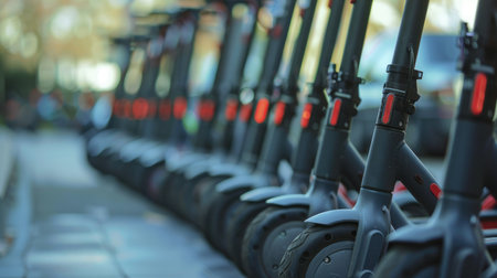 A row of docked electric scooters.の素材