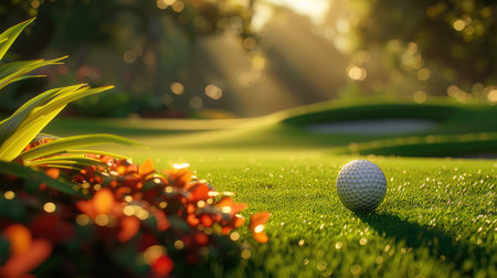 Close-up of a golf ball on a perfectly manicured green, surrounded by sand traps and vibrant foliage, bathed in golden sunlightの素材