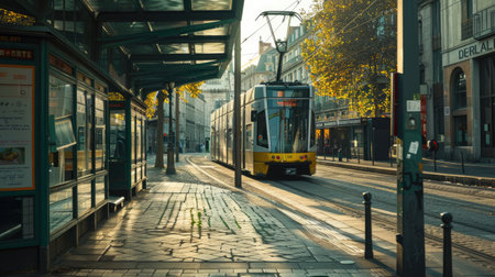 A quiet tram stop in a European city.の素材
