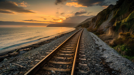 A scenic coastal railway line at sunsetの素材
