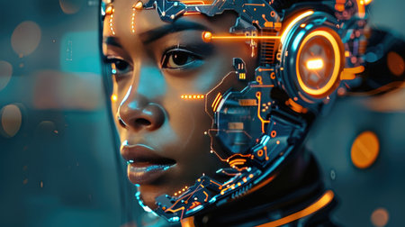 Portrait of a cybernetically enhanced woman with metallic implants and glowing circuits, embodying the blend of human and machine in a futuristic setting.の素材
