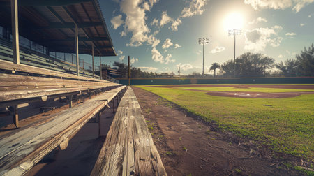 A vacant baseball field with no one playing, under a bright sky and surrounded by empty bleachers, capturing the solitude of the ballpark.の素材