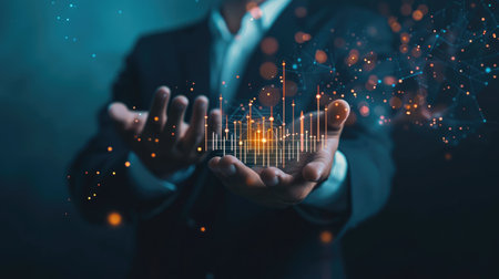 Businessman holding a digital graph icon, examining forex or crypto trading data with a focus on 2025 business target goals and investment strategies.の素材