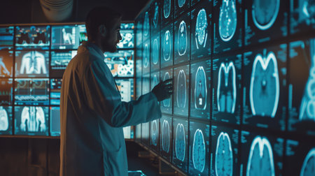 Doctors leveraging AI technology on virtual screens for in-depth medical research, revolutionizing healthcare practicesの素材