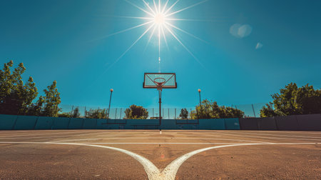 An empty outdoor basketball court under a clear blue sky, the sun shining brightly on the hoops and court lines, emphasizing solitude and tranquility.の素材
