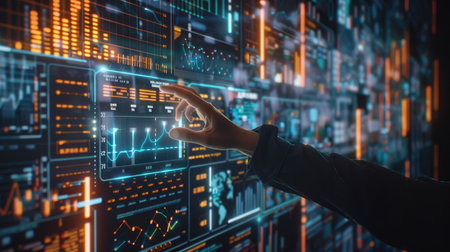 A businessman's hand touching a virtual holographic screen with financial charts.の素材