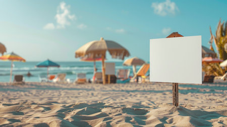 White poster sign standing in the sand with beach umbrellas and surfboards in the background, capturing a fun summer vacation vibeの素材