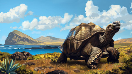 A cartoon tortoise with a backdrop of the Islands, symbolizing Ecuador.の素材