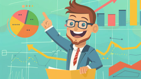 Cheerful cartoon businessman pointing at a graph showing successful financial business results and sales data analysis, emphasizing strategic market planning.の素材