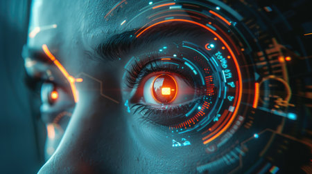 Futuristic cyborg woman character with augmented reality interface on her cybernetic eye, showcasing advanced technology and human-machine integrationの素材