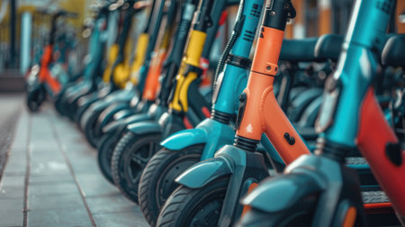 A row of docked electric scooters.の素材