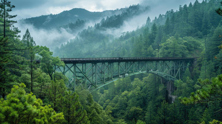 A scenic railway bridge over a forested gorgeの素材
