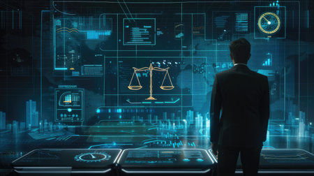 A corporate professional in a sleek suit using a futuristic display with the scales of justice and various business-related holograms.の素材