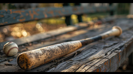 Baseball bat and glove placed on the dugout bench, symbolizing the essence of American pastime sports.の素材