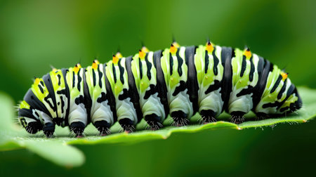 Macro shot of a monarch caterpillar's striped green and black body, showcasing its transformation into a butterfly.の素材