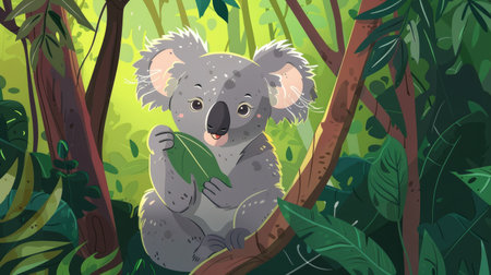 A cartoon koala munching on eucalyptus leaves, representing Australia.の素材
