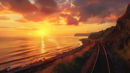 A scenic coastal railway line at sunsetの素材