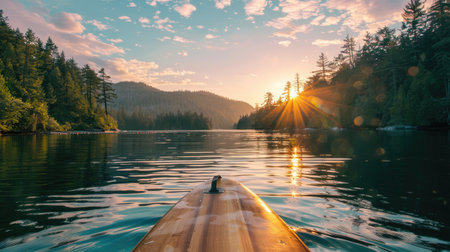 Paddleboard on a calm lake surface, reflecting the serenity and balance of paddleboarding sports.の素材