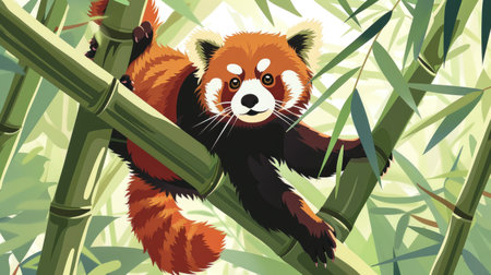 A cartoon red panda climbing a bamboo tree, representing China.の素材