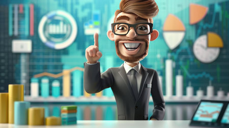 Happy cartoon businessman pointing confidently at financial chart and sales data analysis, symbolizing effective business strategy and growth in the stock market.の素材