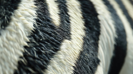 Macro shot of a zebra's black and white striped fur pattern, illustrating its unique camouflage and herd dynamics in the African grasslands.の素材