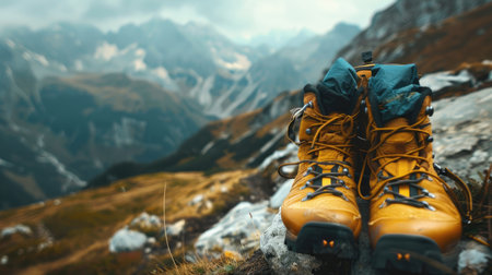 Hiking boots and backpack on a mountain trail, showcasing the endurance and adventure of hiking as a sport.の素材