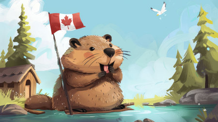 A cartoon beaver building a lodge, representing Canada.の素材