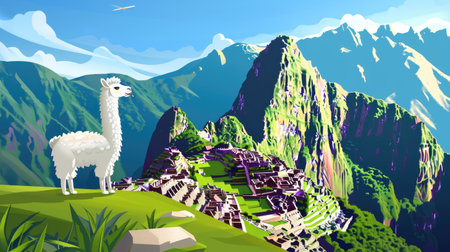 A cartoon alpaca in front of Machu Picchu, symbolizing Peru.の素材