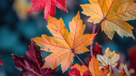 In autumn, maple leaves in various shades of yellow, red, and orange fall gracefully, transforming the landscape with their seasonal colorsの素材