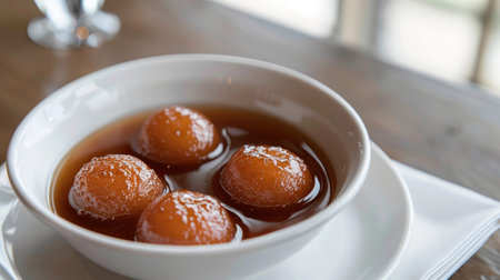 A bowl of Indian gulab jamun with syrup on a white plate.の素材