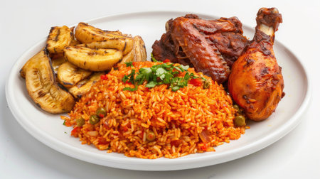 A plate of Nigerian jollof rice with fried plantains and chicken on a white background.の素材