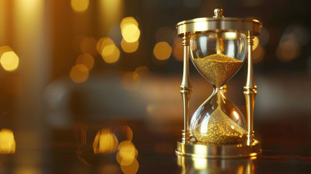 A classic hourglass with golden sand flowing through it, symbolizing the continuous passage of timeの素材