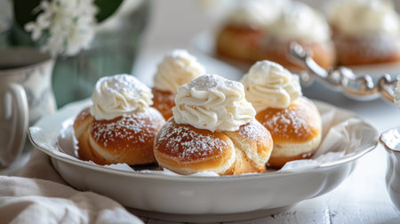 A bowl of Swedish semla with almond paste on a white plate.の素材