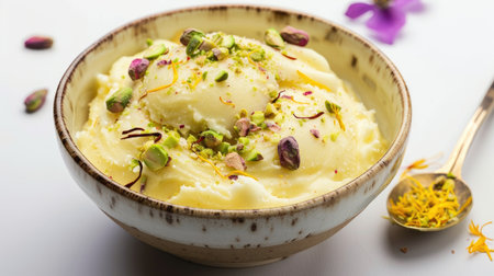 A bowl of creamy Indian kulfi garnished with pistachios and saffron on a white backgroundの素材