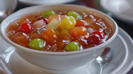 A bowl of Thai luk chup with colorful fruit shapes on a white plate.の素材