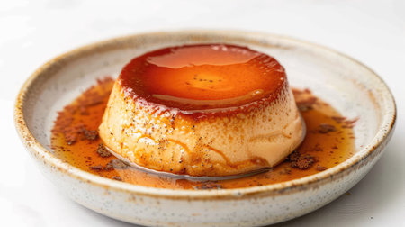 A bowl of Mexican flan topped with caramel sauce on a white background.の素材