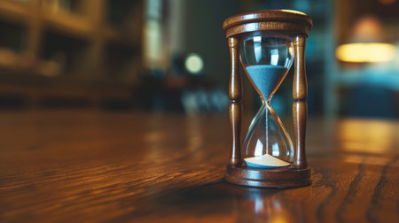 Close-up of an hourglass on a wooden desk, capturing the essence of time's unending progression.の素材
