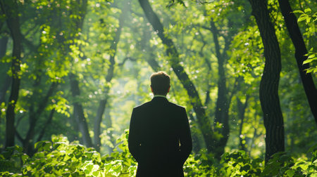 Businessman in deep contemplation amidst the beauty of a green forest, illustrating dedication to sustainable business ideals and fostering ecological awareness.の素材
