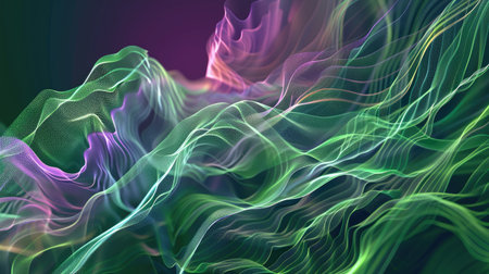 Abstract representation of data science with flowing green and violet shapes, symbolizing the dynamic and analytical capabilities of the Julia programming language.の素材