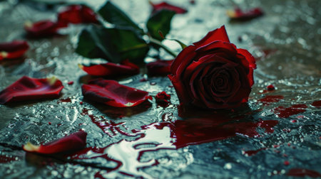 The juxtaposition of roses and blood on the floor tells a haunting tale of love's violent end and murderの素材