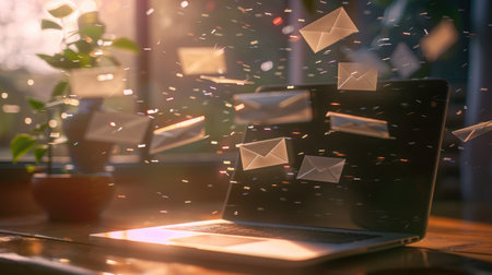 Concept image of a laptop emitting flying envelopes, illustrating email marketing, spam, and digital advertisements.の素材