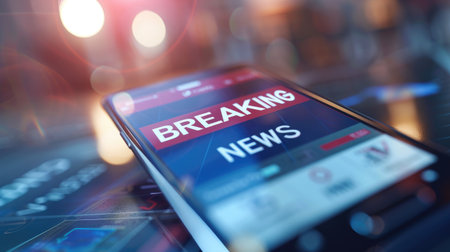 Close-up of a smartphone with "BREAKING NEWS" on the display, representing instant news updates and online journalismの素材