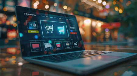 Conceptual image of a laptop screen featuring "E-Commerce Solution" with a prominent shopping cart symbol, symbolizing convenient and effective online shopping platforms.の素材